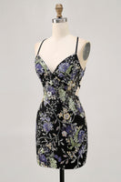 Load image into Gallery viewer, Sparkly Black Floral Short Tight Homecoming Dress with Beading