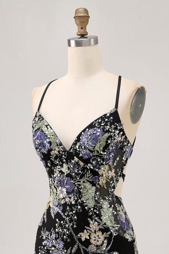 Sparkly Black Floral Short Tight Homecoming Dress with Beading