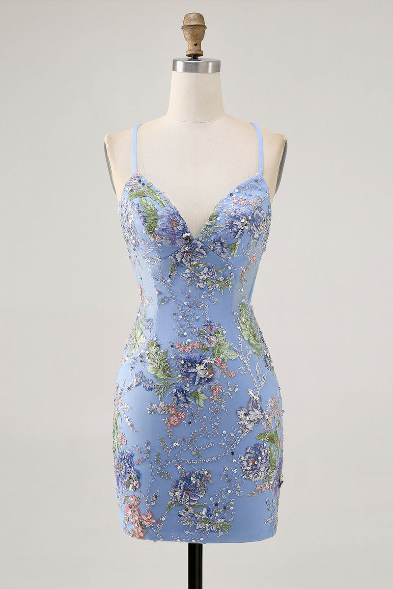 Load image into Gallery viewer, Sparkly Short Pink Floral Beaded Tight Homecoming Dress with Sequins