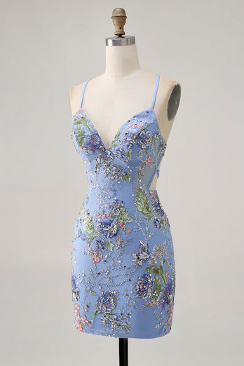 Sparkly Short Pink Floral Beaded Tight Homecoming Dress with Sequins