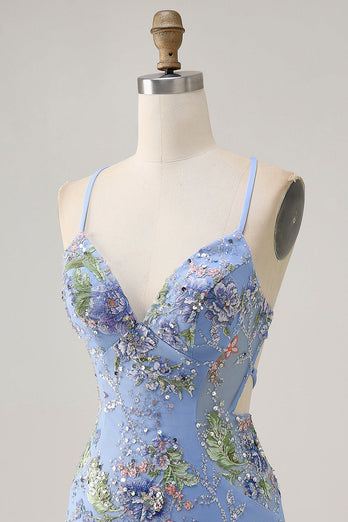 Sparkly Short Blue Floral Tight Sequins Homecoming Dress with Beaded