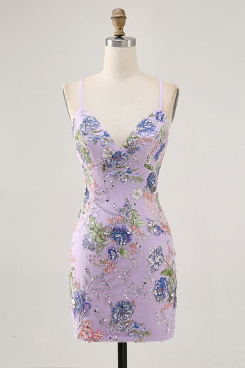 Sparkly Short Pink Floral Beaded Tight Homecoming Dress with Sequins