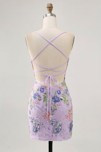 Sparkly Short Pink Floral Beaded Tight Homecoming Dress with Sequins