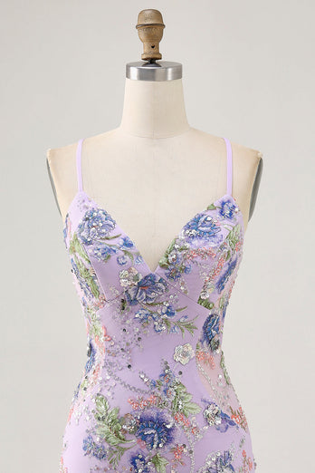 Sparkly Short Pink Floral Beaded Tight Homecoming Dress with Sequins