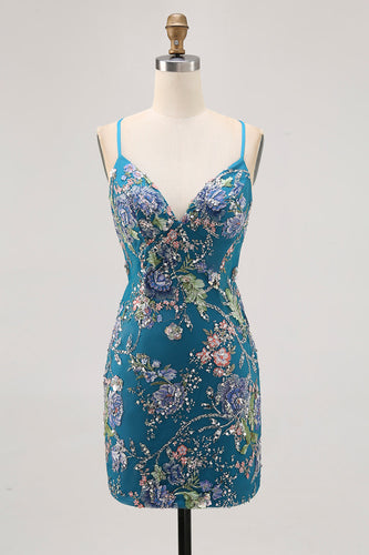 Sparkly Floral Peacock Beaded Tight Short Homecoming Dress with Sequin