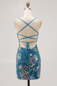 Sparkly Floral Peacock Beaded Tight Short Homecoming Dress with Sequin