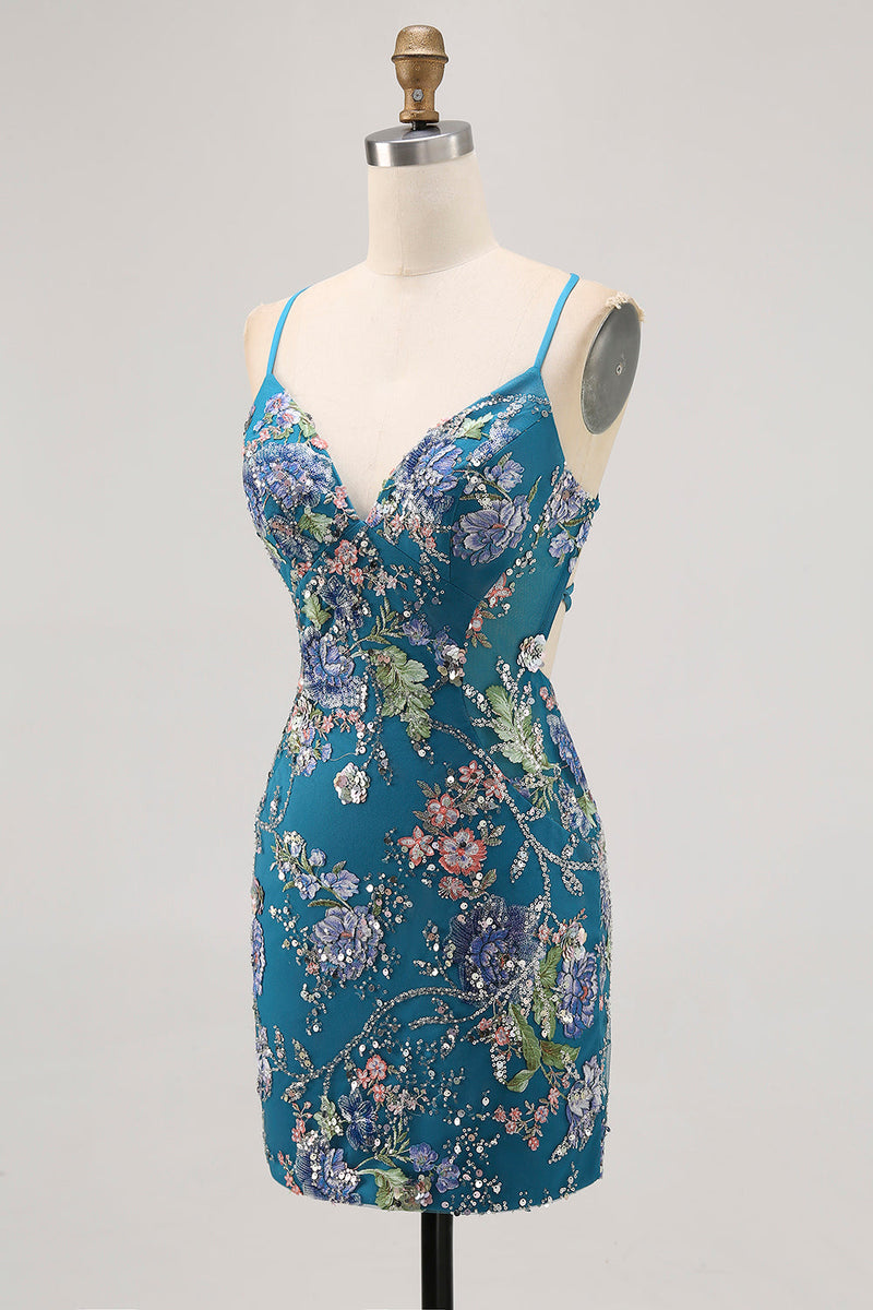 Load image into Gallery viewer, Sparkly Floral Peacock Beaded Tight Short Homecoming Dress with Sequin