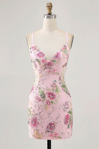 Sparkly Short Pink Floral Beaded Tight Homecoming Dress with Sequins