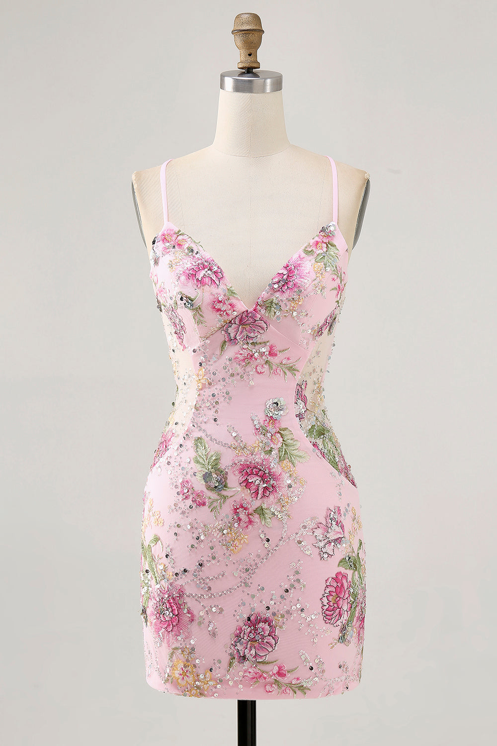 Sparkly Short Pink Floral Beaded Tight Homecoming Dress with Sequins