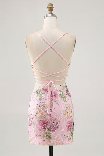 Sparkly Short Pink Floral Beaded Tight Homecoming Dress with Sequins