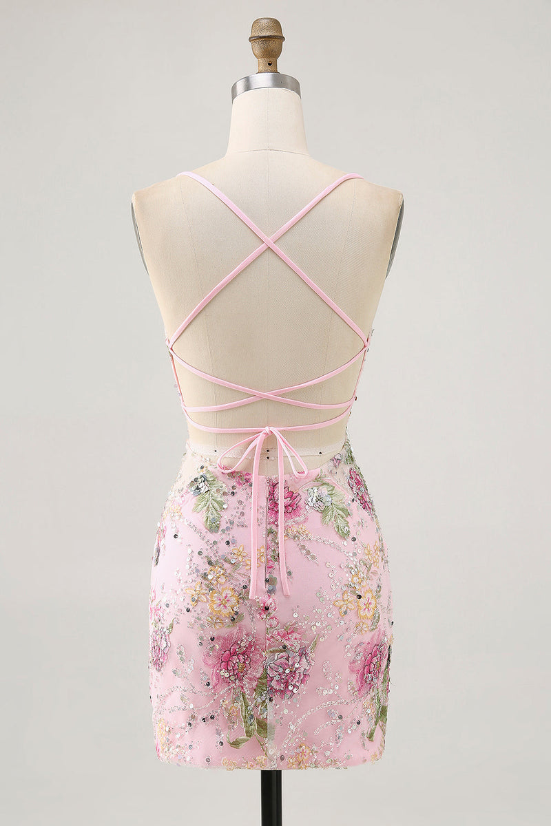 Load image into Gallery viewer, Sparkly Short Pink Floral Beaded Tight Homecoming Dress with Sequins