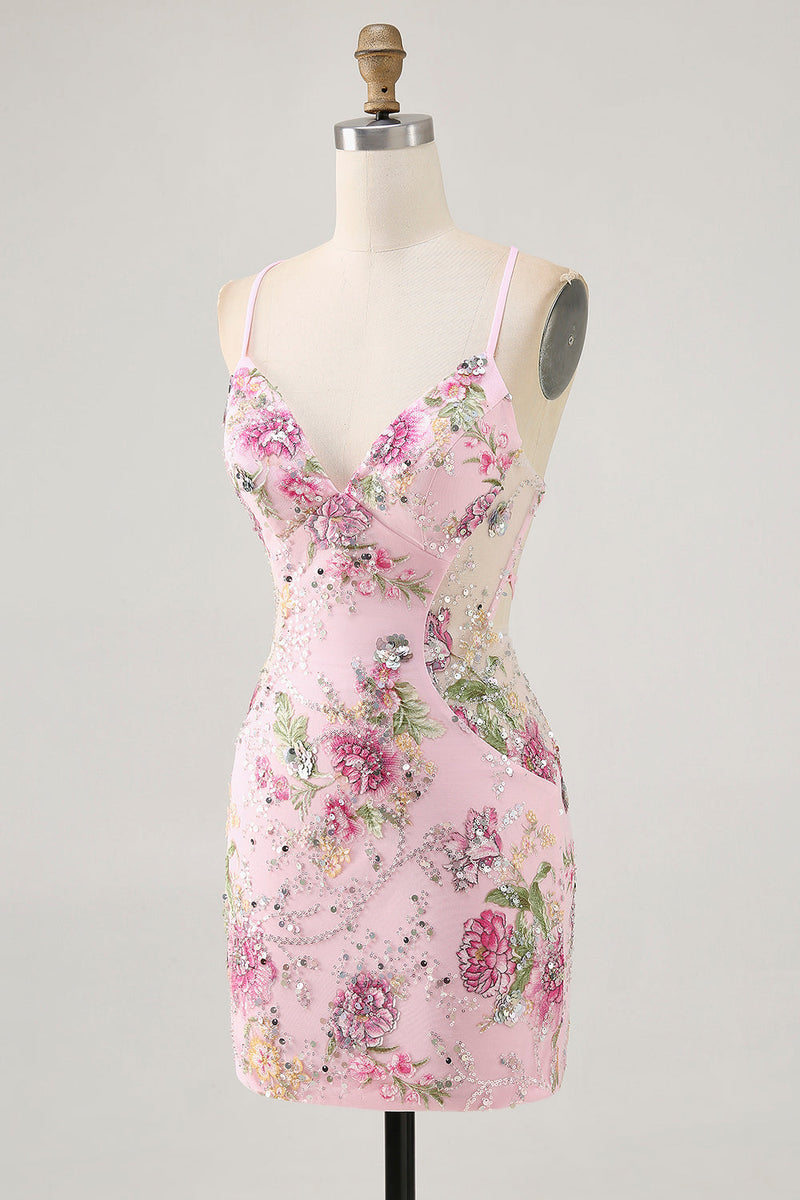 Load image into Gallery viewer, Sparkly Short Pink Floral Beaded Tight Homecoming Dress with Sequins
