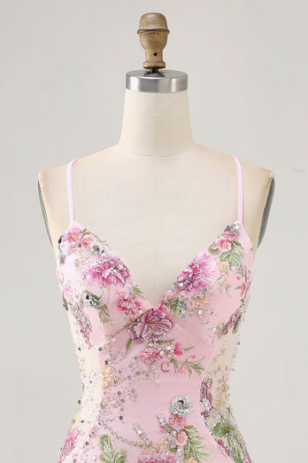 Sparkly Short Pink Floral Beaded Tight Homecoming Dress with Sequins