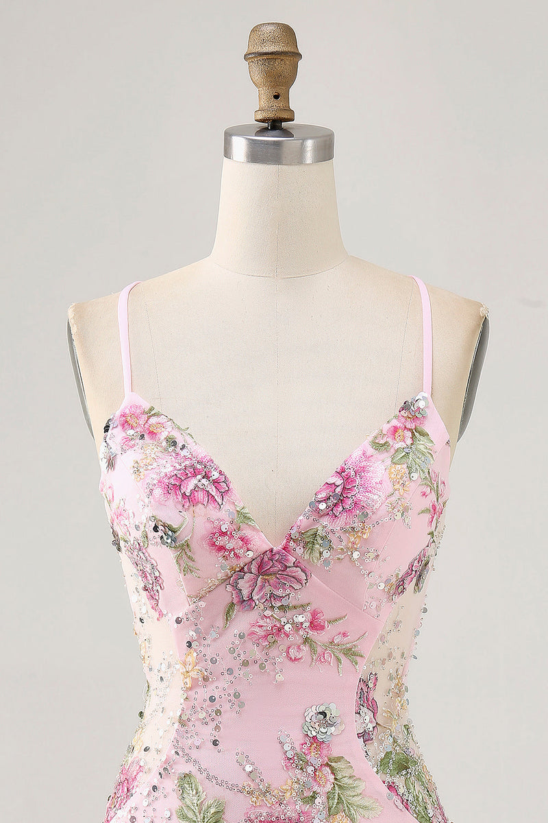 Load image into Gallery viewer, Sparkly Short Pink Floral Beaded Tight Homecoming Dress with Sequins