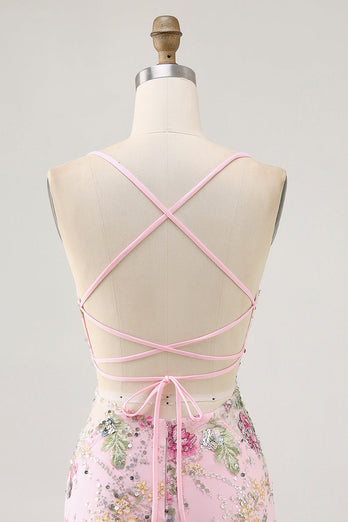 Sparkly Short Pink Floral Beaded Tight Homecoming Dress with Sequins