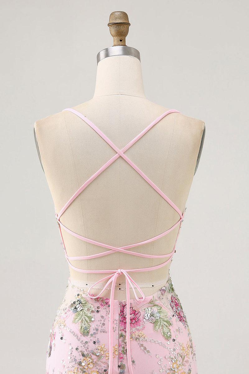 Load image into Gallery viewer, Sparkly Short Pink Floral Beaded Tight Homecoming Dress with Sequins