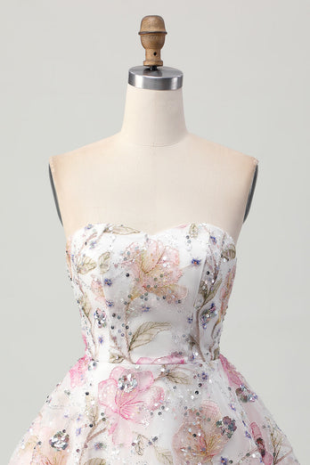 Sparkly Pink Floral Short A Line Homecoming Dress