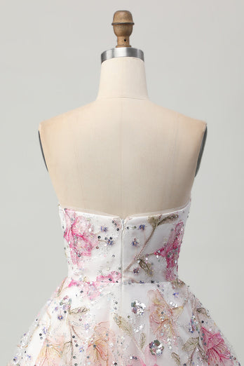 Sparkly Pink Floral Short A Line Homecoming Dress