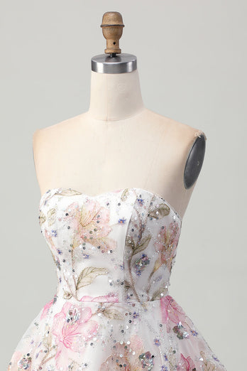 Sparkly Pink Floral Short A Line Homecoming Dress