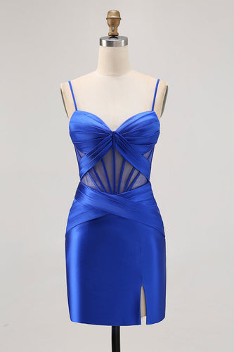 Royal Blue Satin Corset Ruched Tight Short Homecoming Dress with Slit