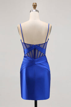 Royal Blue Satin Corset Ruched Tight Short Homecoming Dress with Slit