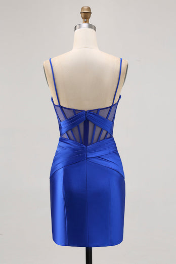 Royal Blue Satin Corset Ruched Tight Short Homecoming Dress with Slit
