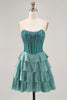 Load image into Gallery viewer, Sparkly Peacock Green Corset Tiered Strapless Short Homecoming Dress