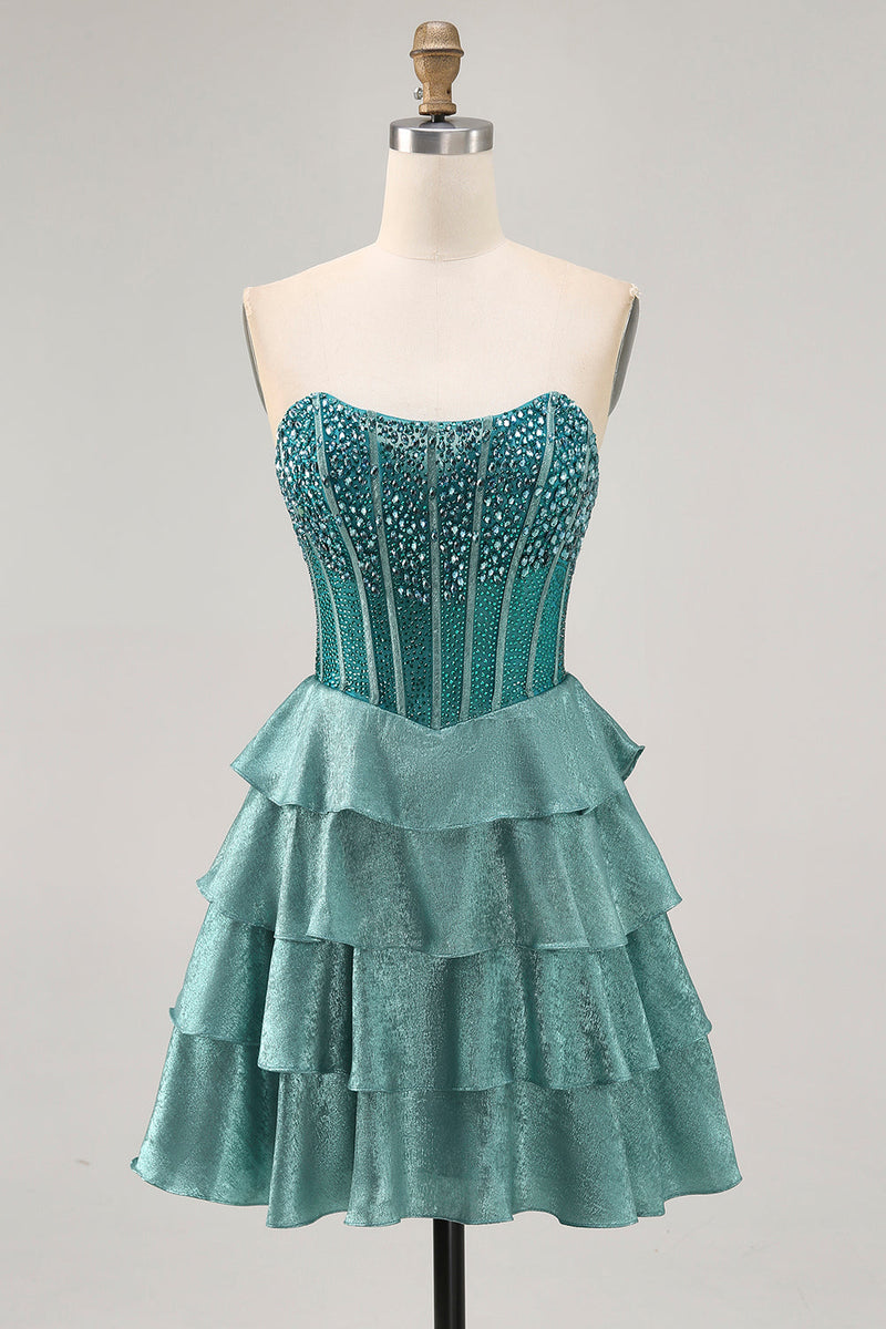 Load image into Gallery viewer, Sparkly Peacock Green Corset Tiered Strapless Short Homecoming Dress