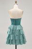 Load image into Gallery viewer, Sparkly Peacock Green Corset Tiered Strapless Short Homecoming Dress