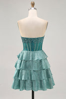 Load image into Gallery viewer, Sparkly Peacock Green Corset Tiered Strapless Short Homecoming Dress