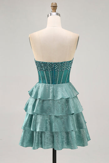 Sparkly Peacock Green Corset Tiered Strapless Short Homecoming Dress
