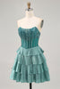Load image into Gallery viewer, Sparkly Peacock Green Corset Tiered Strapless Short Homecoming Dress