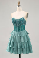 Load image into Gallery viewer, Sparkly Peacock Green Corset Tiered Strapless Short Homecoming Dress
