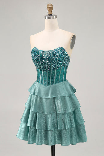 Sparkly Peacock Green Corset Tiered Strapless Short Homecoming Dress