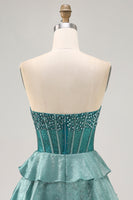 Load image into Gallery viewer, Sparkly Peacock Green Corset Tiered Strapless Short Homecoming Dress