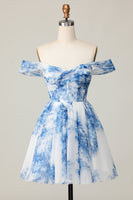 Load image into Gallery viewer, White Blue Flower A Line Off the Shoulder Short Homecoming Dress
