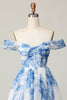 Load image into Gallery viewer, White Blue Flower A Line Off the Shoulder Short Homecoming Dress