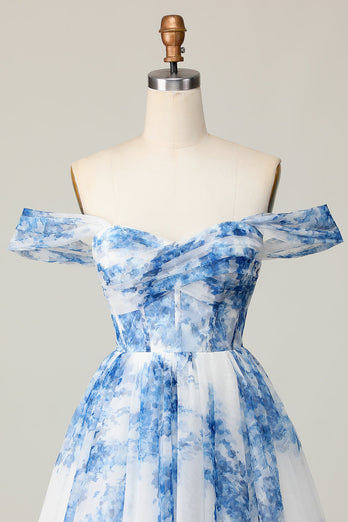 White Blue Flower A Line Off the Shoulder Short Homecoming Dress