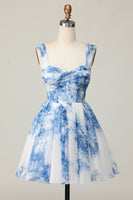 Load image into Gallery viewer, White Blue Flower A Line Off the Shoulder Short Homecoming Dress