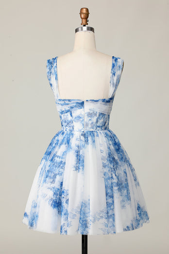White Blue Flower A Line Off the Shoulder Short Homecoming Dress