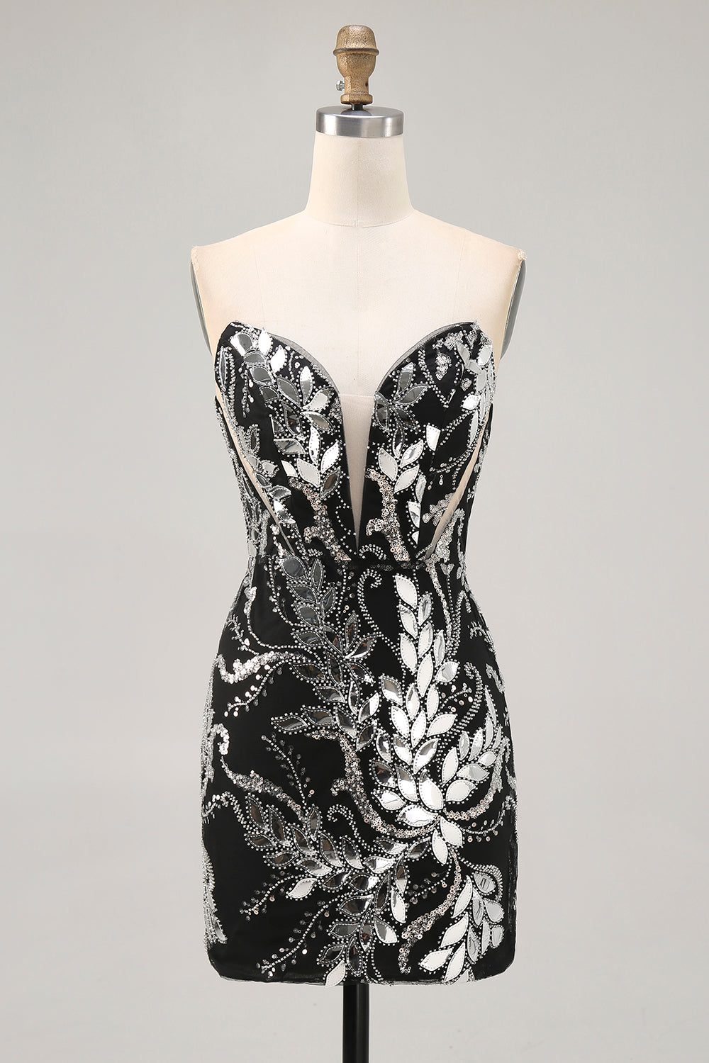 Sparkly Black Mirror Tight Short Strapless Homecoming Dress