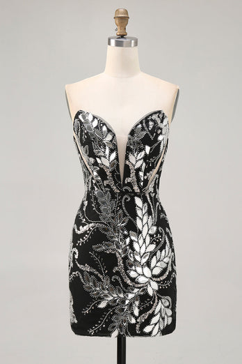 Sparkly Black Mirror Tight Short Strapless Homecoming Dress