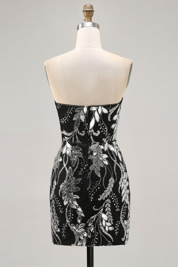 Sparkly Black Mirror Tight Short Strapless Homecoming Dress