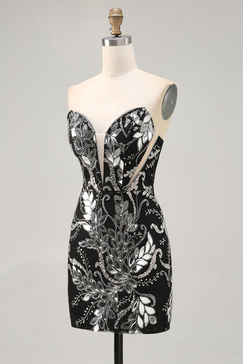 Sparkly Black Mirror Tight Short Strapless Homecoming Dress