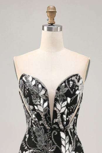 Sparkly Black Mirror Tight Short Strapless Homecoming Dress