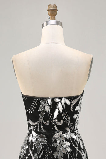 Sparkly Black Mirror Tight Short Strapless Homecoming Dress