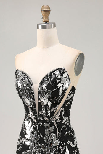 Sparkly Black Mirror Tight Short Strapless Homecoming Dress
