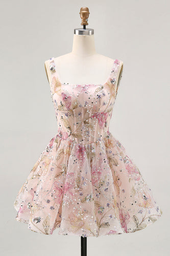 Sparkly Floral Pink Corset Beaded Short Homecoming Dress with Sequins