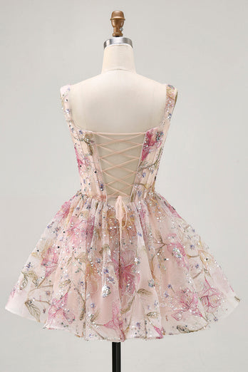Sparkly Floral Pink Corset Beaded Short Homecoming Dress with Sequins