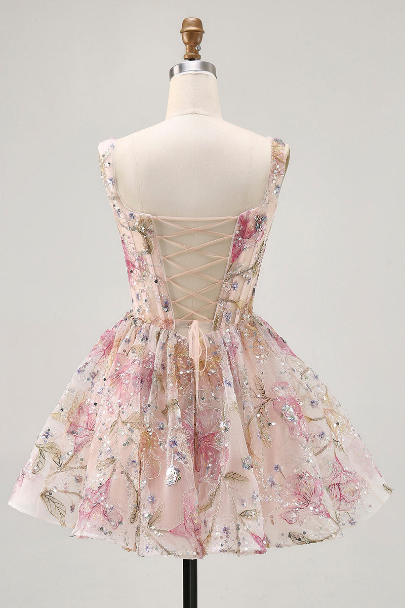 Load image into Gallery viewer, Sparkly Floral Pink Corset Beaded Short Homecoming Dress with Sequins